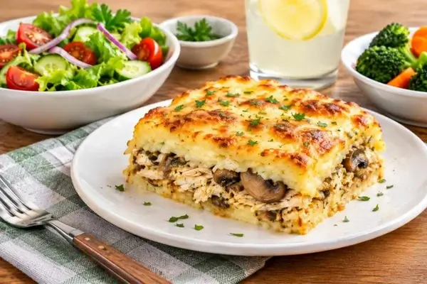 Tarta de papas con pollo champiñones y queso